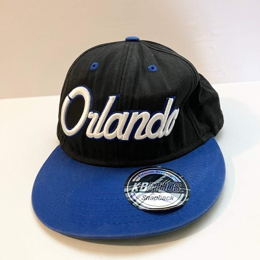 Orlando Script KBETHOS Snapback Hat Cap Embroidered Black Blue Flat Brim